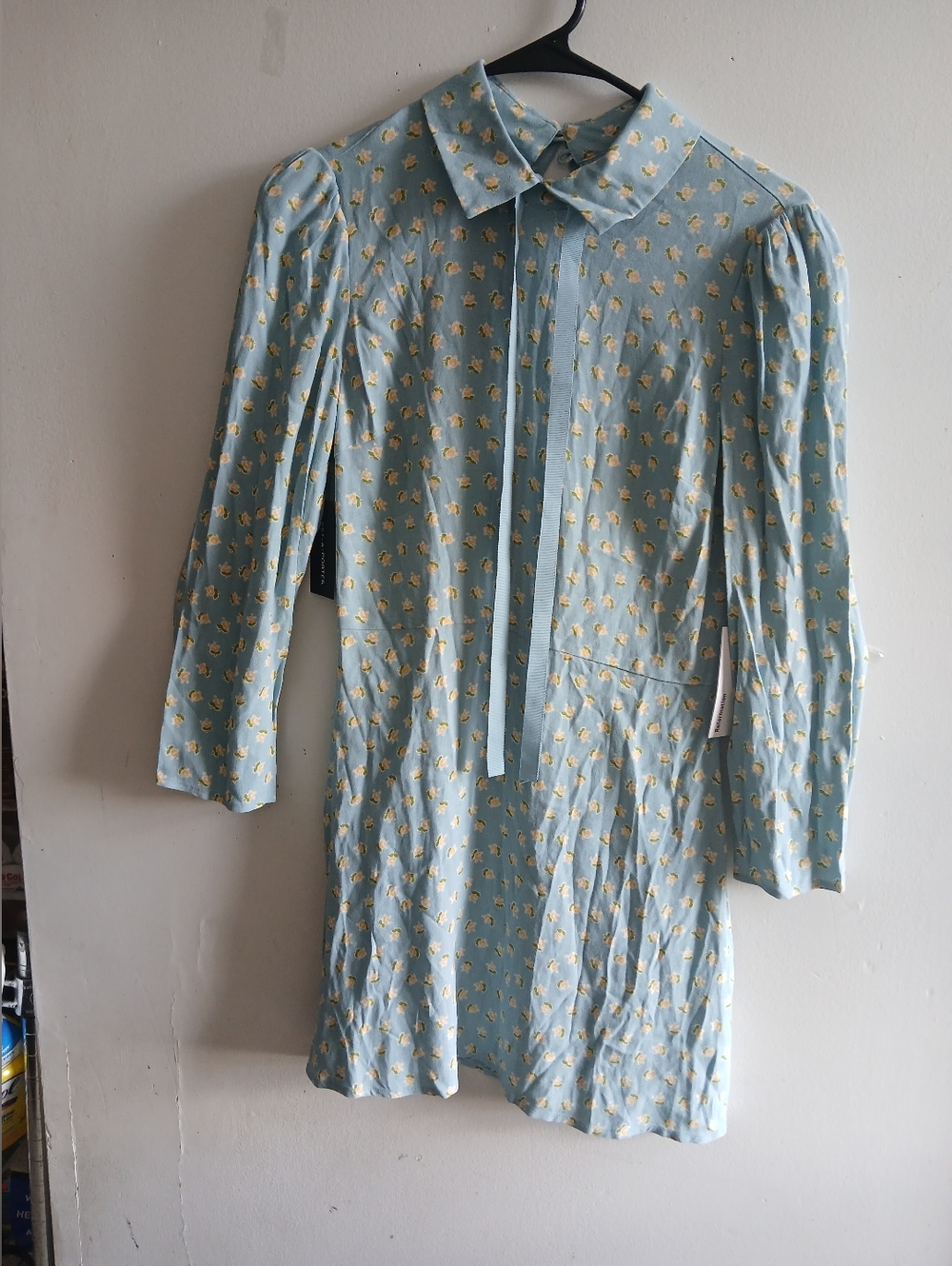 Reformation Pale Blue Long Sleeve Floral Tie-Neck Dress
